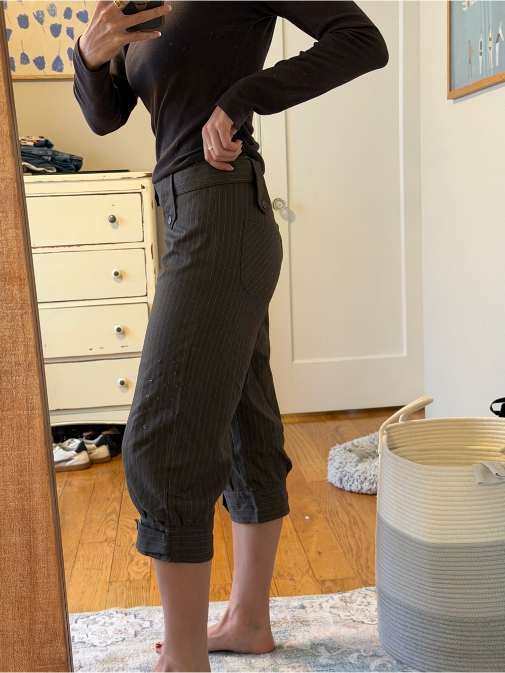 Vintage French Pinstripe Crop Pants with Sequins
